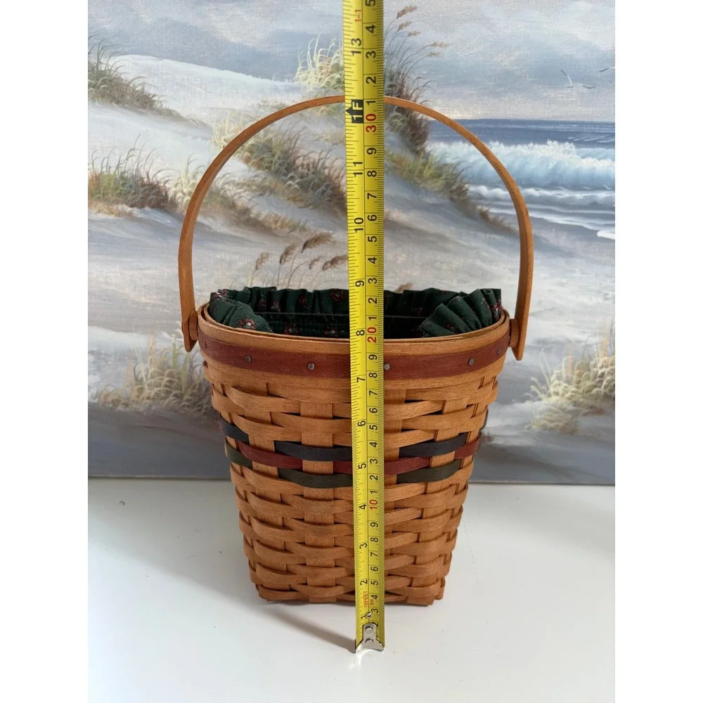 Longaberger 1993 Handwoven Basket Wall Hanging Green Floral Liner Protector